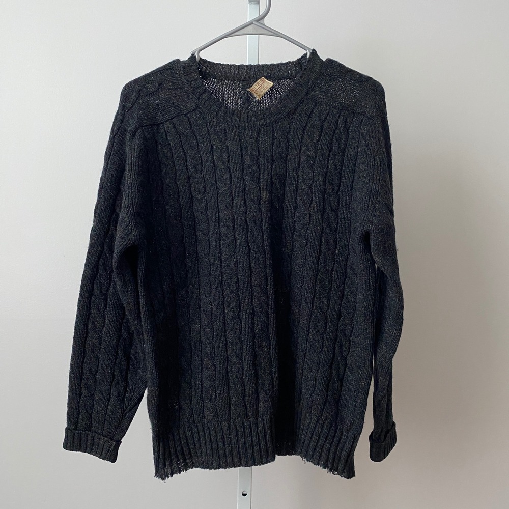 Bonwit Teller Wool Academia Coastal Cable Knit Crewneck Sweater Charcoal L